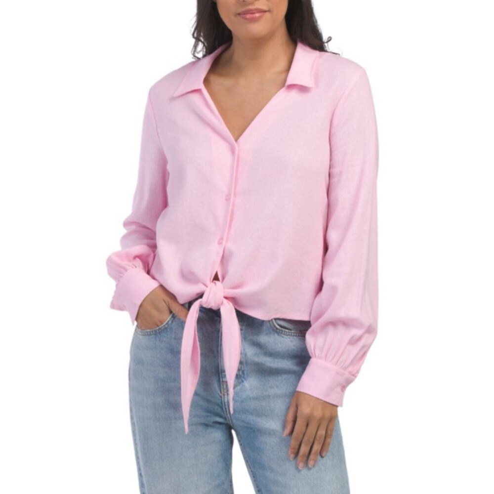 NWT Ellen Tracy Flamingo Pink Button Down Tie-Front Blouse XL N93‎